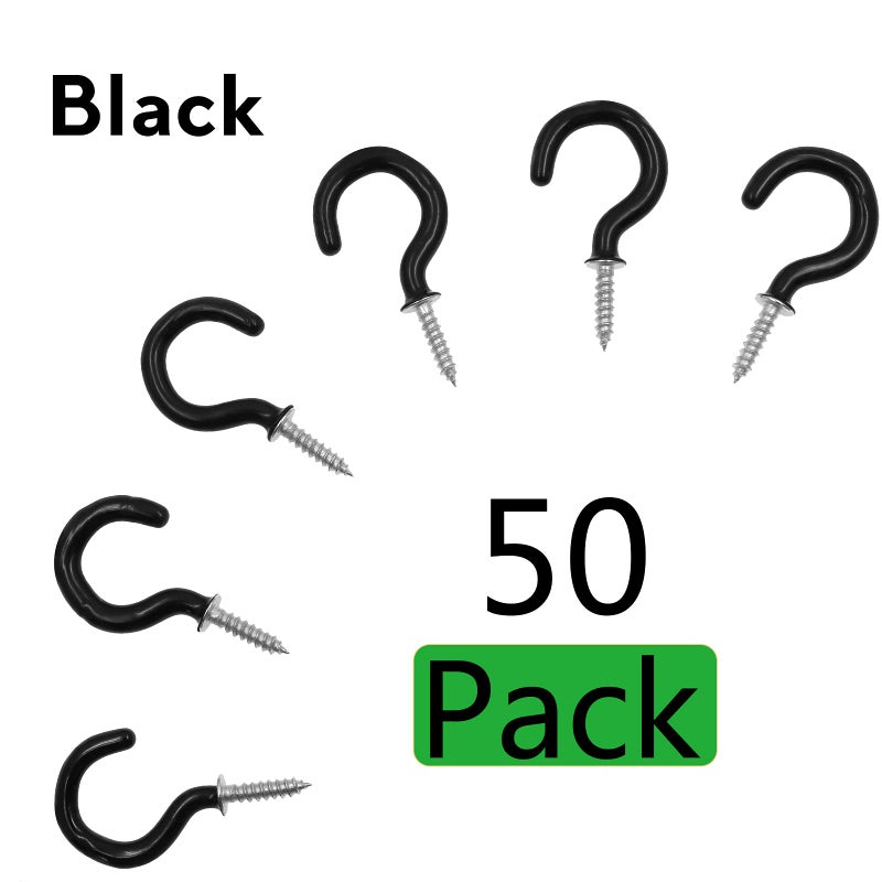 PHITUODA 50Pcs 1-Inch Cup Hooks Ceiling Hooks, Plastic-Covered Metal Screw-in Hooks, Black - Image 2
